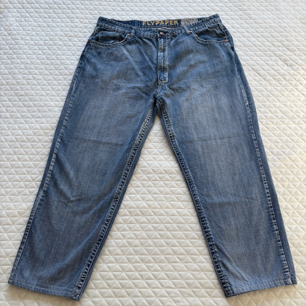 flypaper Men Jeans 46X33 Relax Straight Thick Stitching Goth Cross Back Pockets